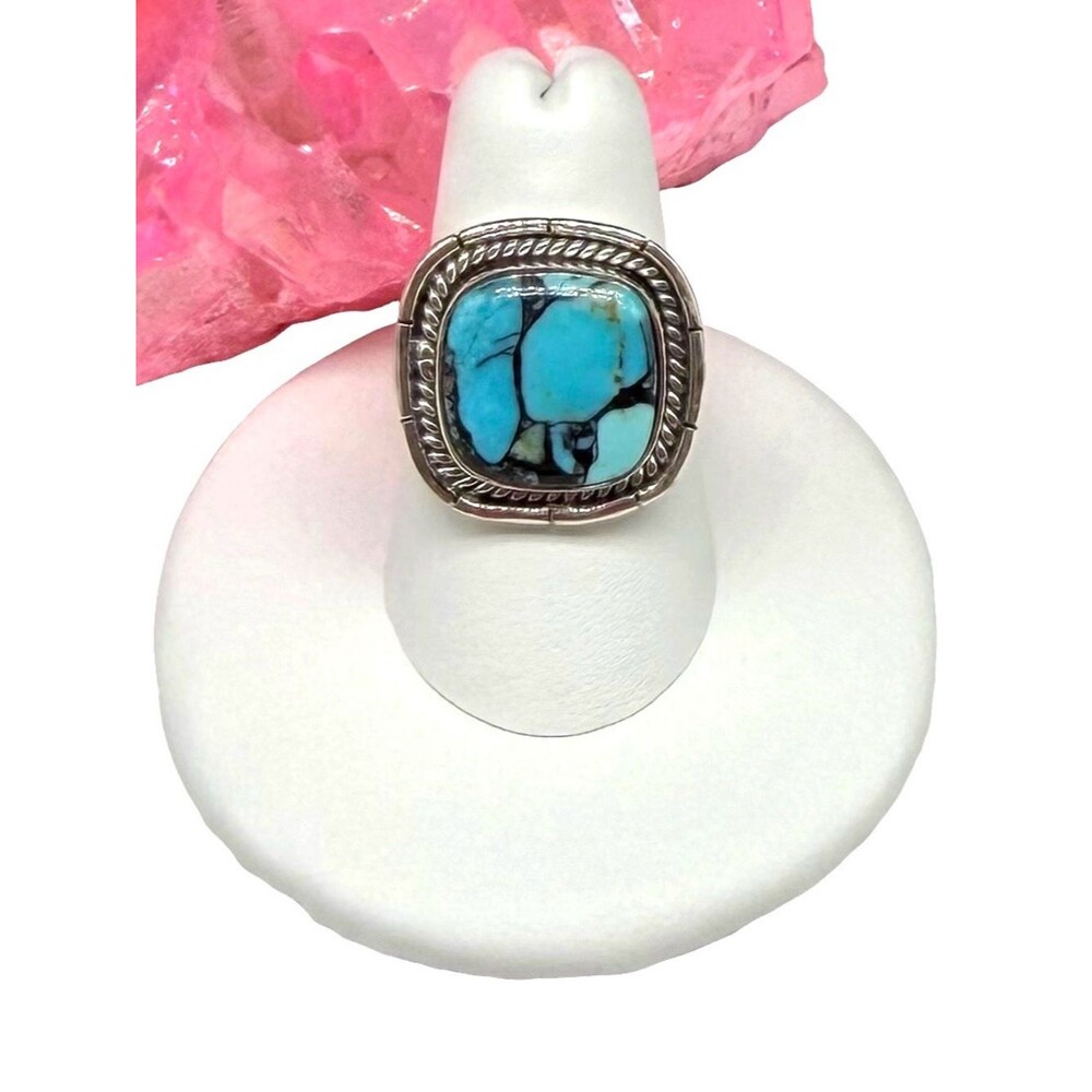Tibetan Turquoise Ring Size 7 Solid 925 Sterling Silver Square
